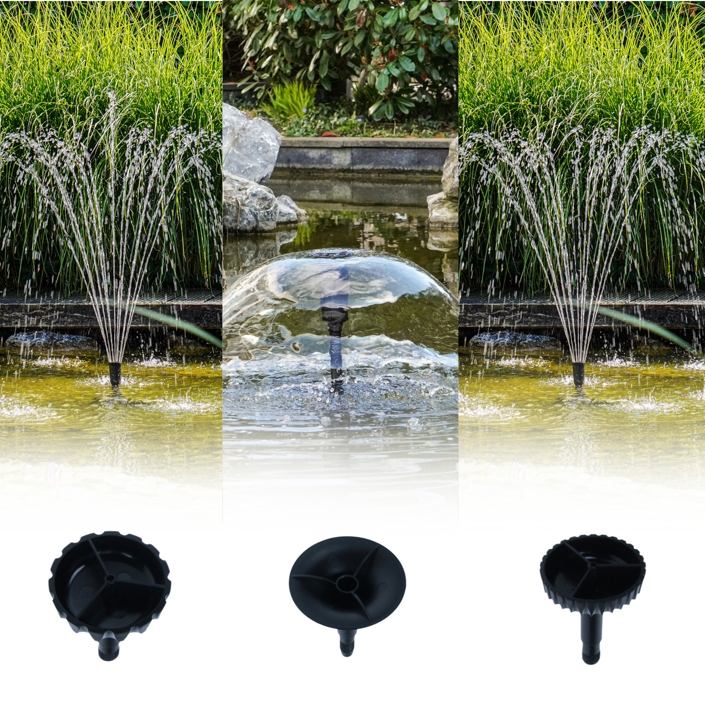 Verschillende fonteinkoppen van de BluFilter met elk een eigen fonteinbeeld