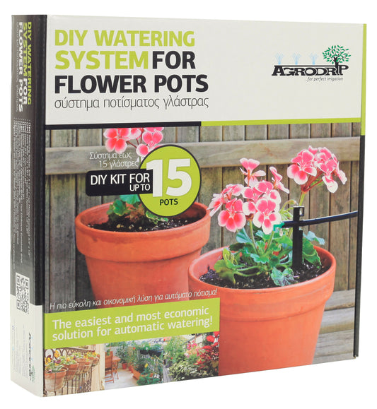 Druppelsysteem voor 15 bloempotten of plantenbakken. Hiermee bedruppel je gemakkelijk alle bloempotten en bloembakken bij je thuis.